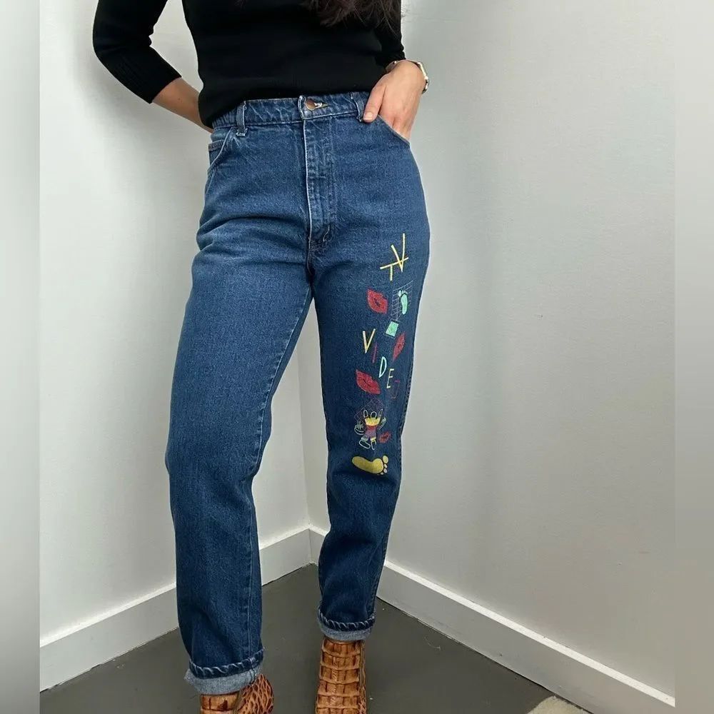 Vintage 80’s “Video” Printed High Rise Mid Wash Straight Leg Jeans Size 28